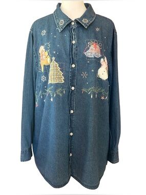 VTG 90s Christmas Denim Button Up Shirt Embroidered Cottage-core whimsical XXL